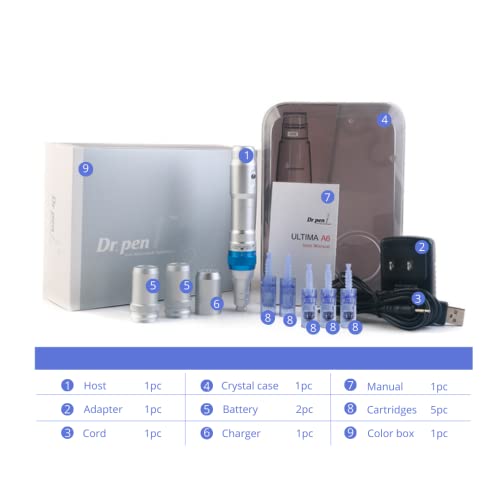 Dr. Pen Ultima A6 Professional Kit - Authentic Multi-function Wireless Electric Beauty Pen - Skin Care Kit for Face and Body - 12pins x2 (0.25mm) + 36pins x3 (0.25mm) Cartridges